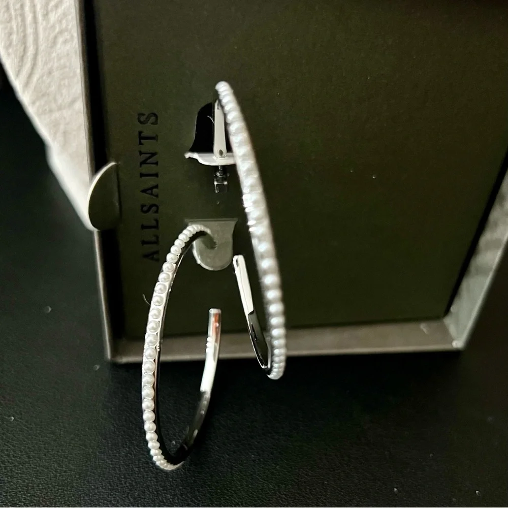 ALLSAINTS Rhodium Faux Pearl Hoop Earrings - Picture 5 of 8